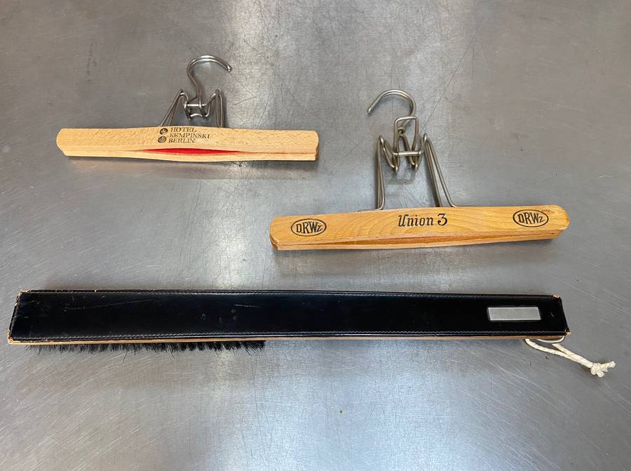 Vintage trouser hangers: hotel kempinsky berlin, DRWZ union 3,vintage wooden suit brush with leather