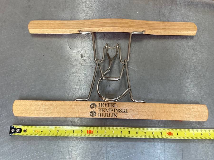 Vintage trouser hangers: hotel kempinsky berlin, DRWZ union 3,vintage wooden suit brush with leather
