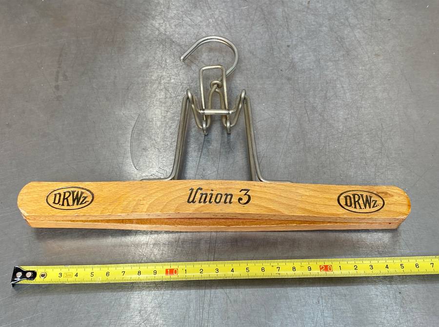 Vintage trouser hangers: hotel kempinsky berlin, DRWZ union 3,vintage wooden suit brush with leather