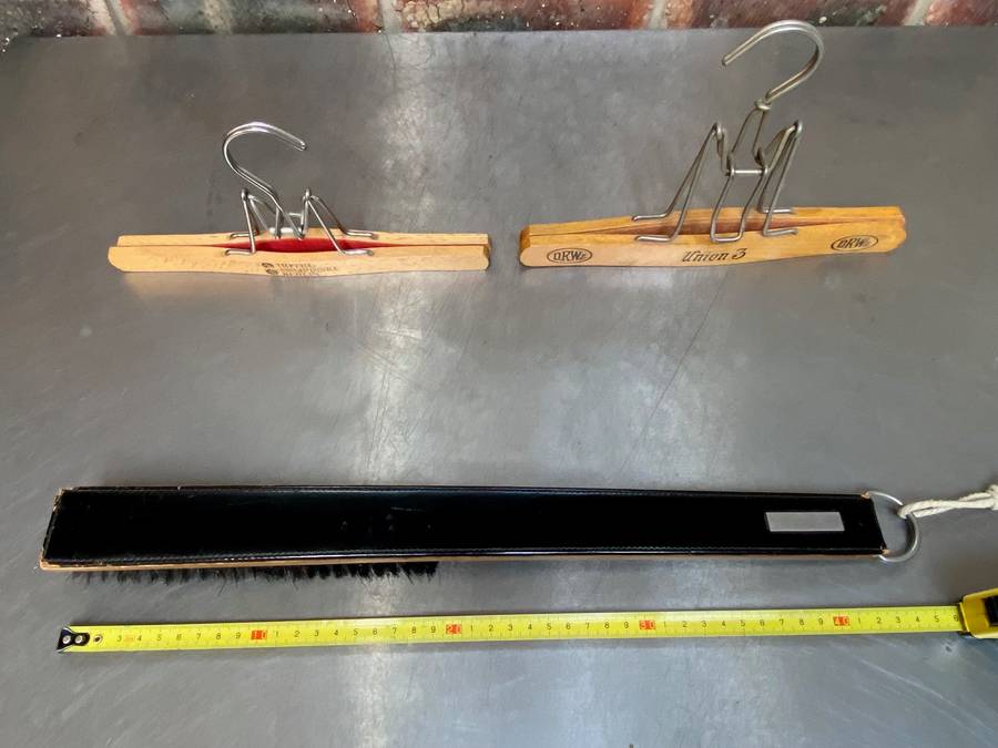 Vintage trouser hangers: hotel kempinsky berlin, DRWZ union 3,vintage wooden suit brush with leather