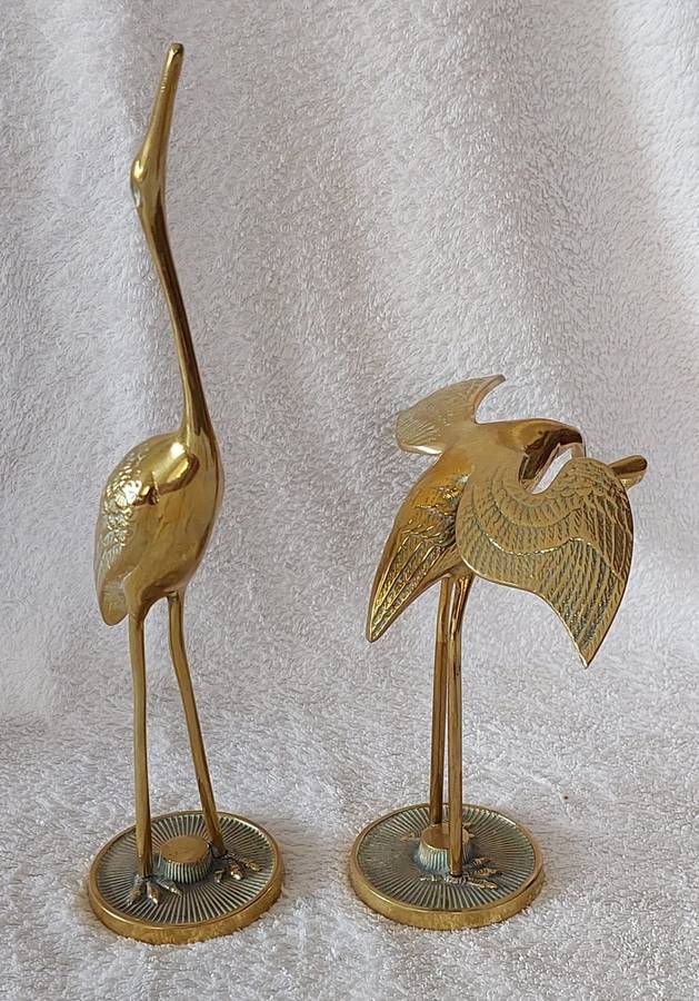 Pair of solid brass stylized heron figurines. Circa 1970