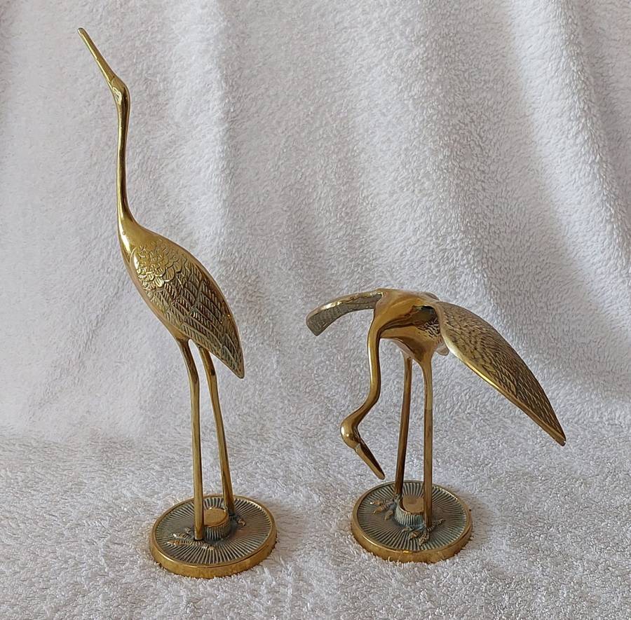 Pair of solid brass stylized heron figurines. Circa 1970