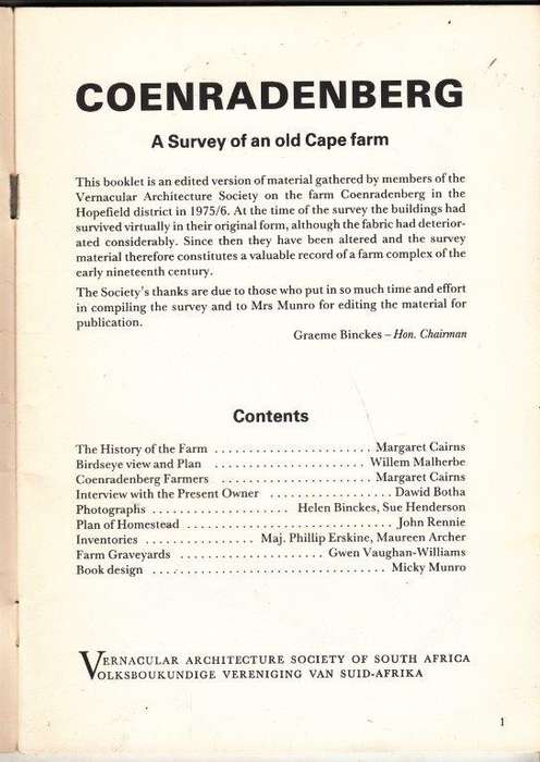 Coenradenberg: A Survey of an Old Cape Farm (Pamphlet) - Various Authors