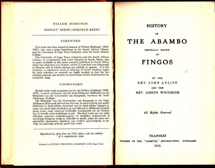 History of the Abambo Generally Known as Fingos (Willem Hiddingh Reprint Series number 17)
