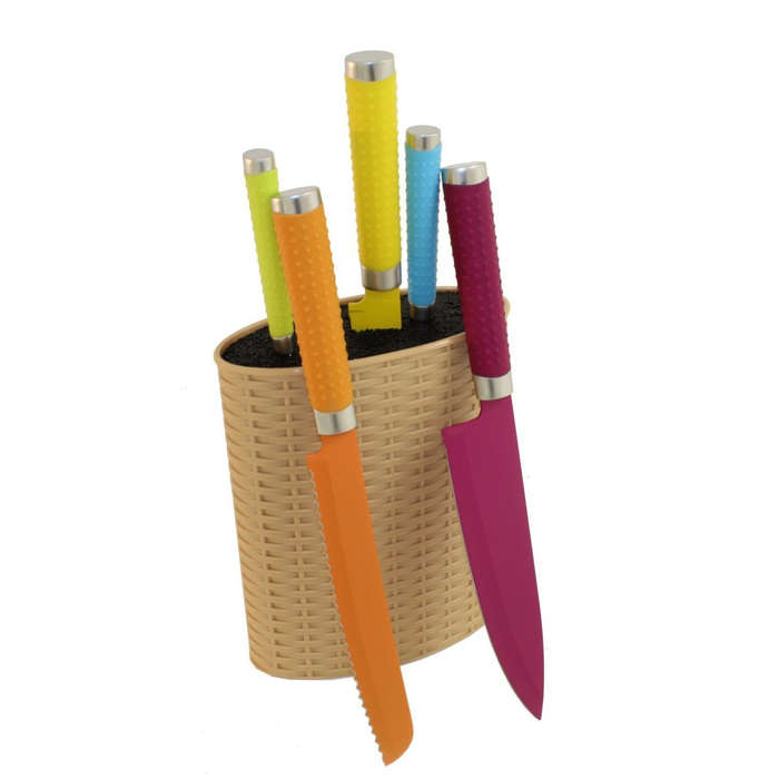 Grunwerg Rockingam Forge 5x Colour Coated Steel Kitchen Knives With Knife Block