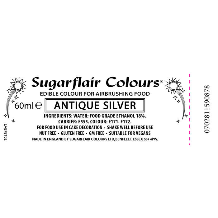Sugarflair Glitter Airbrush Edible Food Colouring Liquid - Antique Silver 60ml