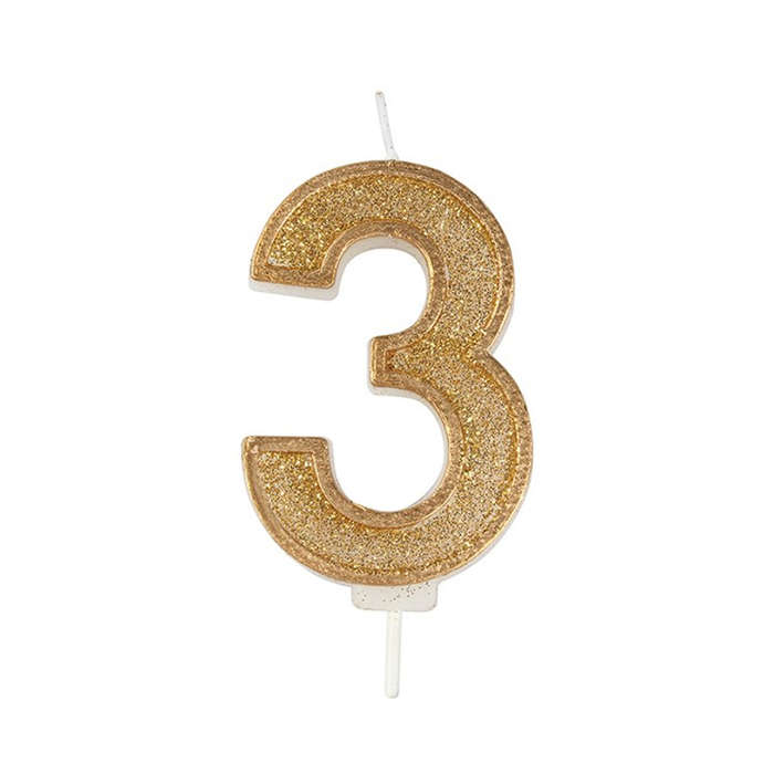 Culpitt Sparkle Numeral Candle - Number 3 - Gold - 70mm - Birthday Cake Candles