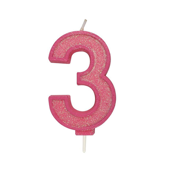 Culpitt Sparkle Numeral Candle - Number 3 - Pink - 70mm - Birthday Cake Candles