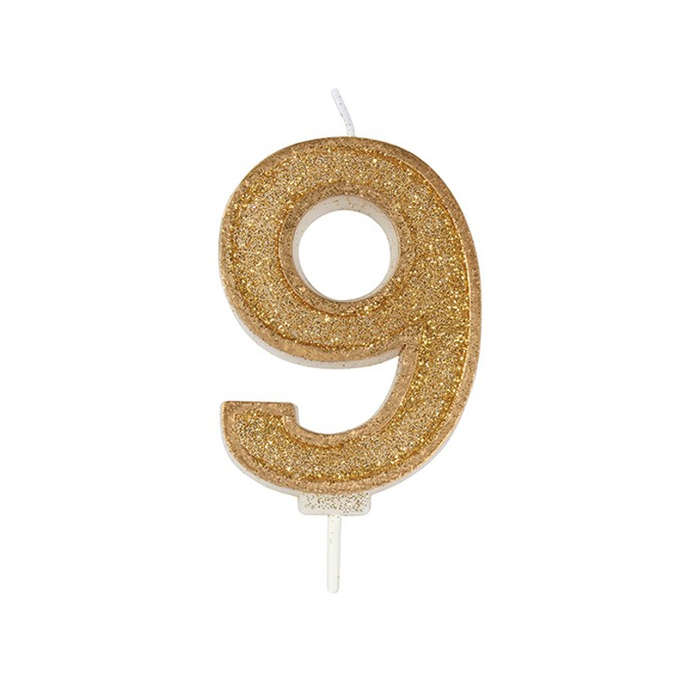 Culpitt Sparkle Numeral Candle - Number 9 - Gold - 70mm - Birthday Cake Candles