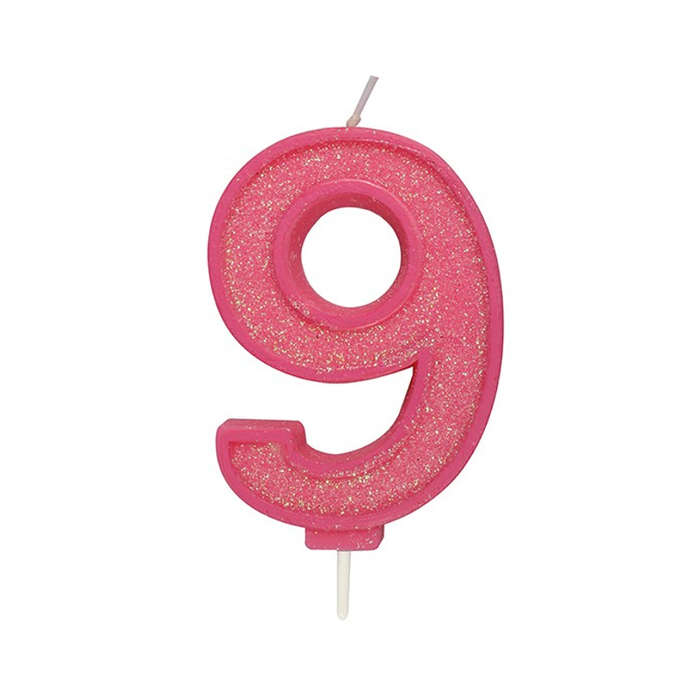Culpitt Sparkle Numeral Candle - Number 9 - Pink - 70mm - Birthday Cake Candles