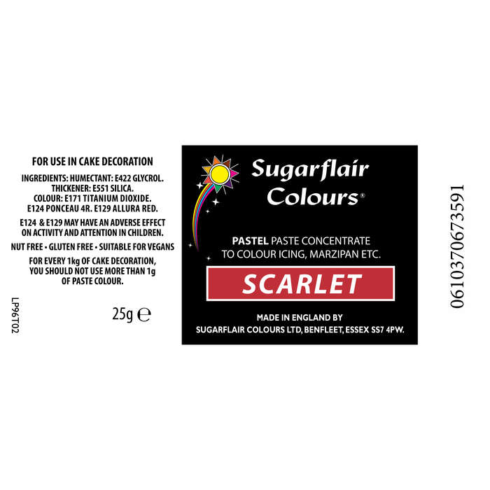 Sugarflair SCARLET RED Pastel Paste Gel Edible Concentrated Food Icing Colouring