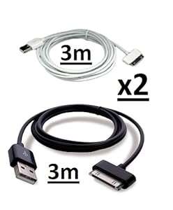 NoveltyThunder - 2 x Cable 1 Black & 1 White 3M Extra Long 3 Meters 3 Metres Data Sync USB Char