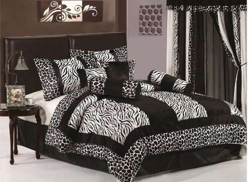 Chezmoi Collection 8-Piece Black and White Micro Fur Zebra with Giraffe Design Comforter 90-Inch by
