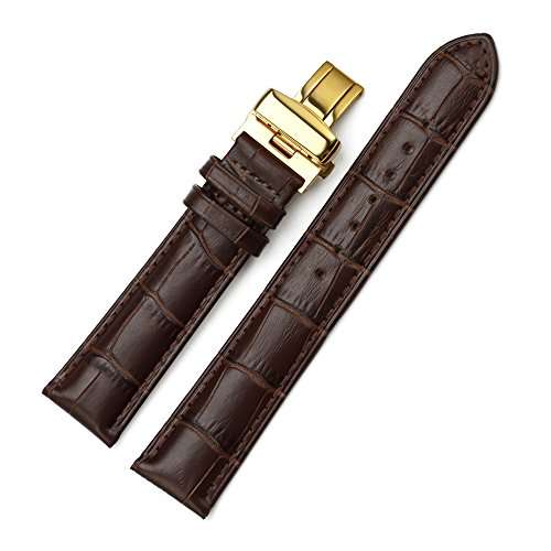 iStrap 22mm Genuine Leather Strap Butterfly Deployment Buckle Watch Band for Golden Tone Cases Brown