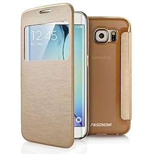 Galaxy S6 Edge Case Pasonomi [Smart Window View] Samsung Galaxy S6 Edge Folio Wallet Cas (Golden)