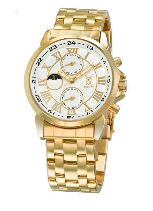 Mens Gold Bracelet Watch White Dial Roman Numerals Moon Phase Day Date Konigswerk AQ202472-1G