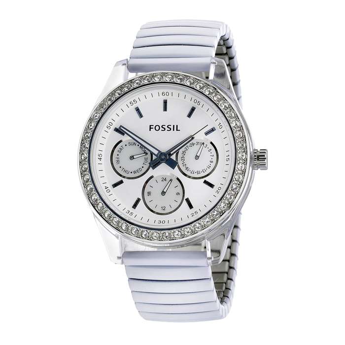 Fossil Women's ES2953 White Expandable bracelet White Steel Case Silver Dial Crystallized Bezel Watc