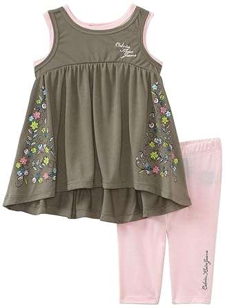 Calvin Klein Baby-Girls Infant Capri Cotton And Polyester Top With Pant Set, Olive, 12-18 Months