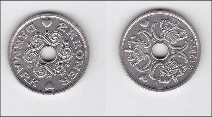 DENMARK 2 KRONER 1997 EXTRA FINE