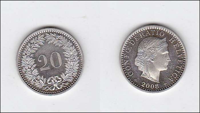 SWITZERLAND 20 RAPPEN 2008 HIGH GRADE