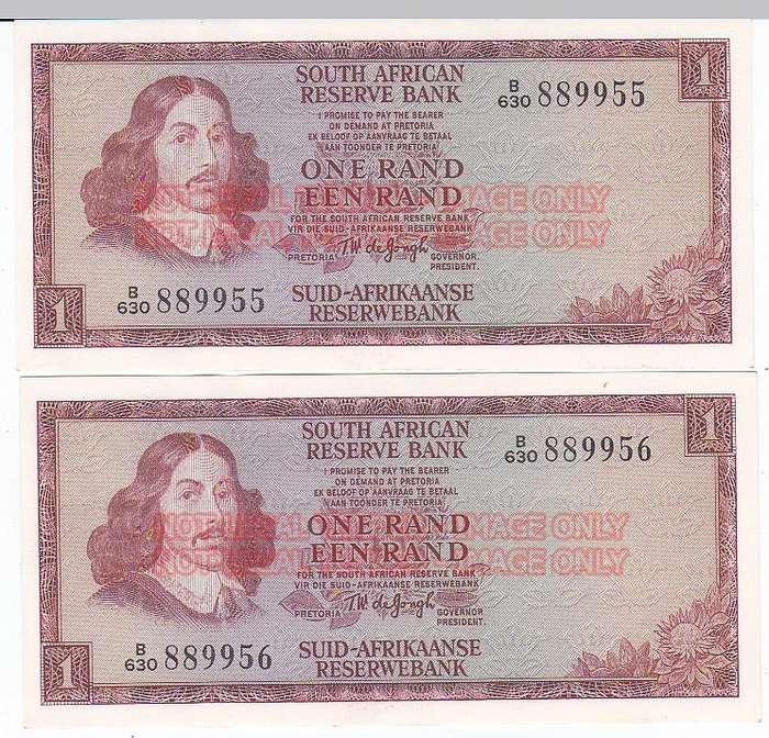 TWO CONSECUTIVE ONE RANDS T.W. DE JONGH B630 889955/6 - HIGH GRADE