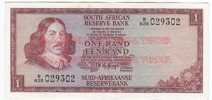 SOUTH AFRICA 1 RAND T.W DE JONGH B628 029302 1967