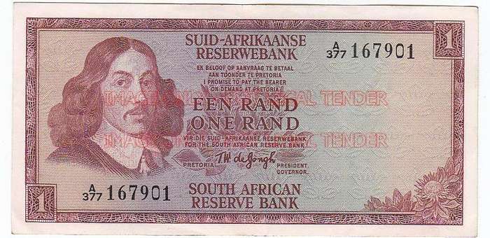 SOUTH AFRICA 1 RAND T.W. DE JONGH A377 167901 1967