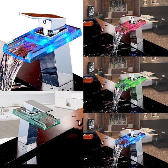*LOCAL STOCK* Top Chrome Bathroom LED Waterfall Square Glass Faucet Sink Basin Mixer Water Tap
