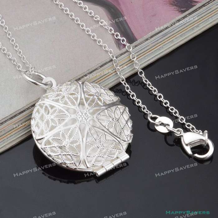 Sterling Silver Locket Photo Pendant Round Charm Necklace with Chain