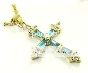 Brand new stock! 18k gp Cross Pendant with sim Aquamarine and CZ