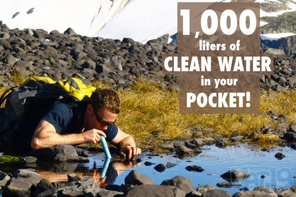 Man drinking from a small pond using a LifeStraw Water Filter.