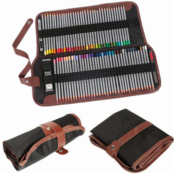 72 Hole Roll-Up Pencils Wrap Case Canvas Leather Sketch  Holder Artist Organizer