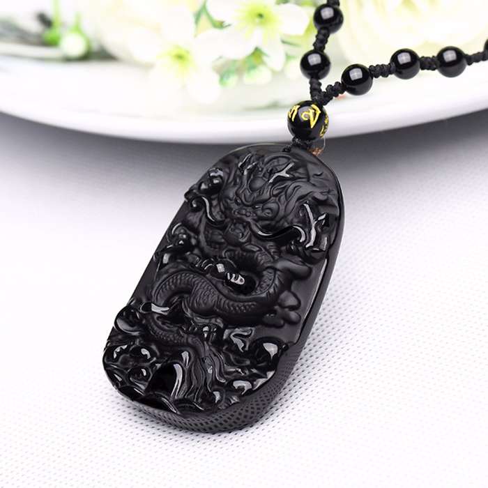 Obsidian Dragon Necklace Beads Blessing Pendant Charm Chain