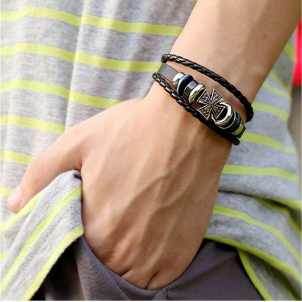 PU Leather Bracelet, Multilayer Punk Cross Bracelet