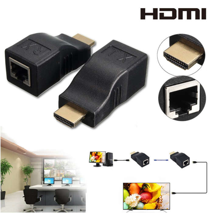 2Pcs HDMI to RJ45 Network Lan Ethernet Cable Extender Over by Cat 5e/6 HD 1080P 3D