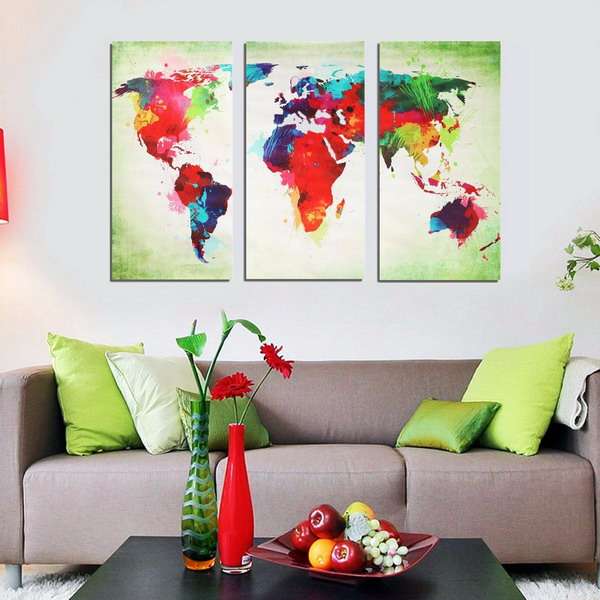 3Pcs Frameless Canvas Painting Picture Colored World Map Art Painting Wall Decoration