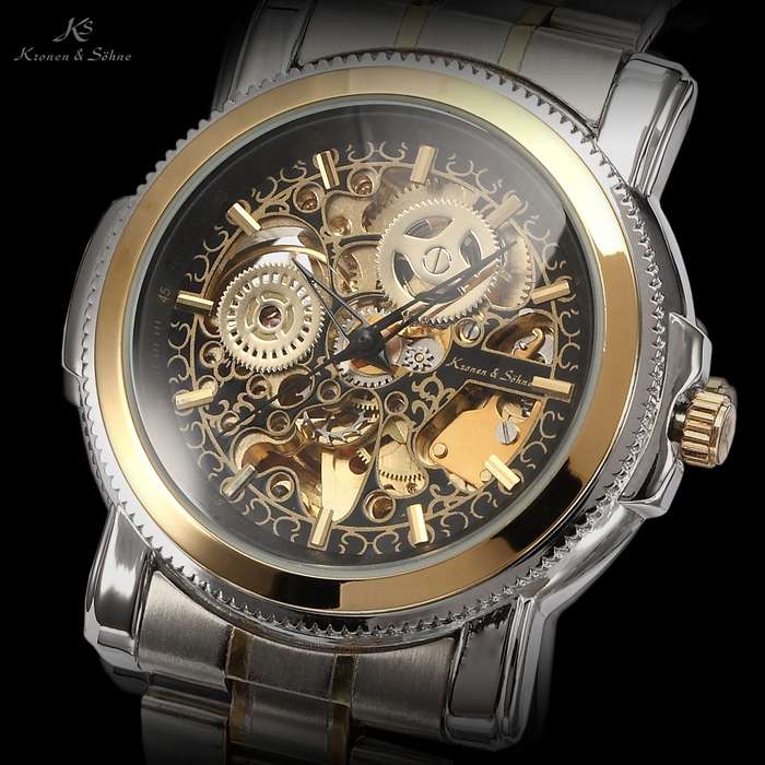 KRONEN & SOHNE Steam Punk BLACK Skeletor AUTOMATIC Mechanical Watch w/ box, papers