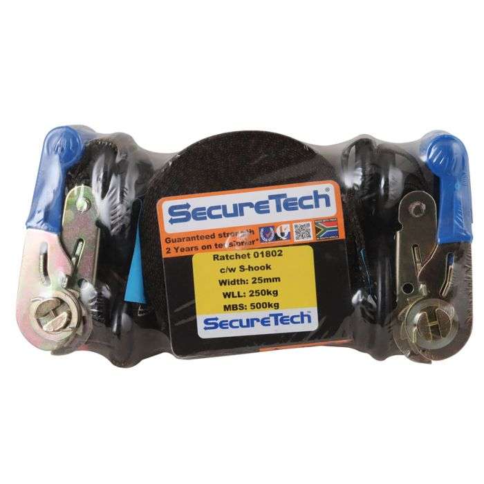 SecureTech Ratchet Straps With S-Hooks 25mm x 4m - 2 Pack