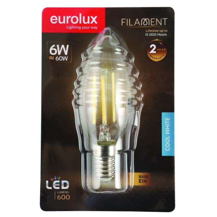 Eurolux 6W Cool White E14 LED Filament Candle Lamp