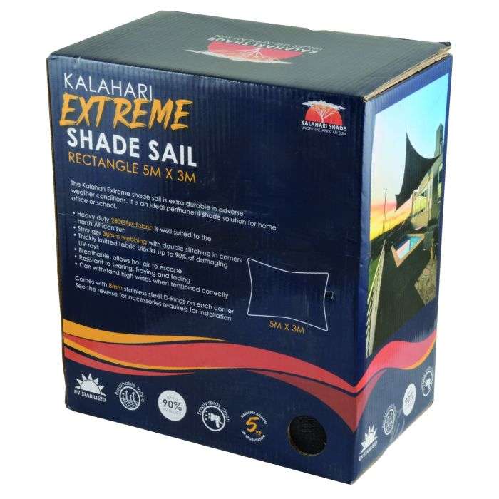 Kalahari Shade Extreme Rectangle Shade Sail - Charcoal 5 x 3m
