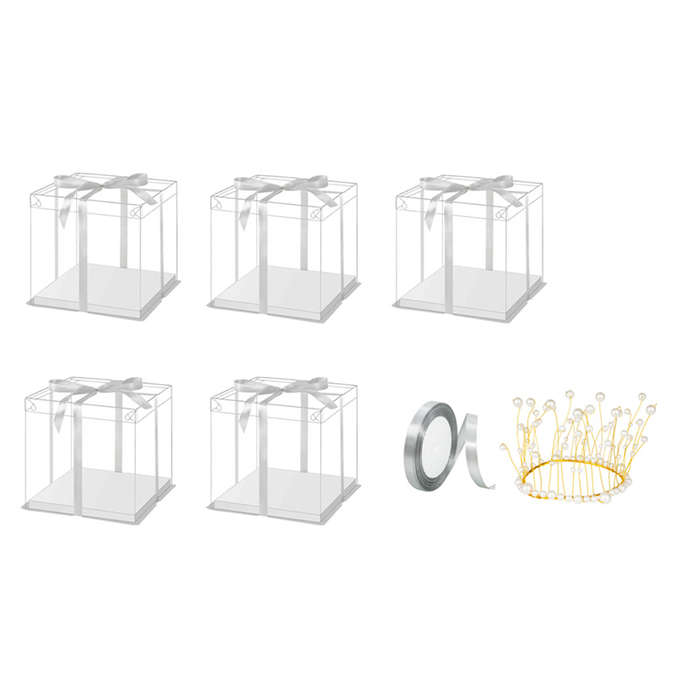 Clear Cake Box 5 Piece Tall Cake Box With Ribbon and Crown - 6 Inch