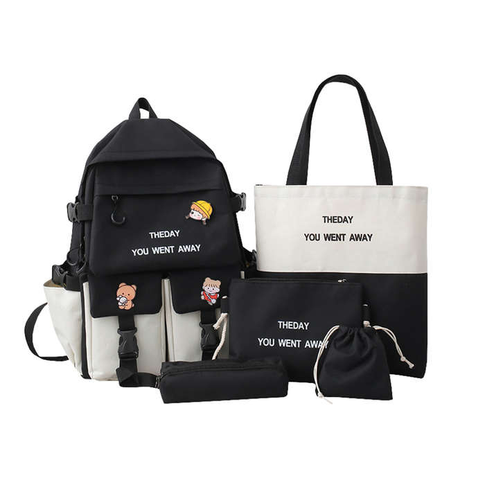 5-Piece Aesthetic School Bags Cute Backpack Set - Black