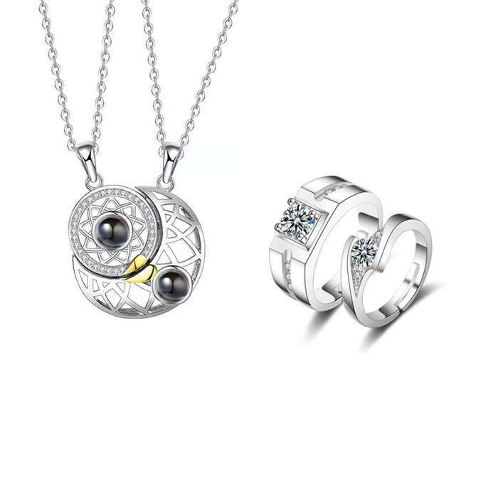 Sun MoonLovers Couples Friends Matching Necklaces Ring Set