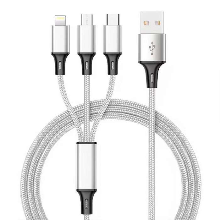 Charger Cable - Nylon Braided 3 in 1 USB A Fast Charging (SILVER)