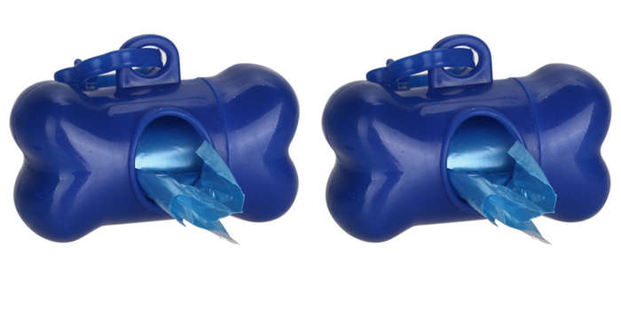 2 x Dog Poop Poo Plastic Bags Set for Pet Walking - Blue- Bone Shape Holder