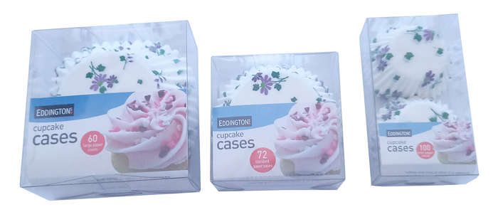 Eddingtons 232 x Cupcake Case - 3 Sizes 100xS-72xM-60xL- White Purple Flower