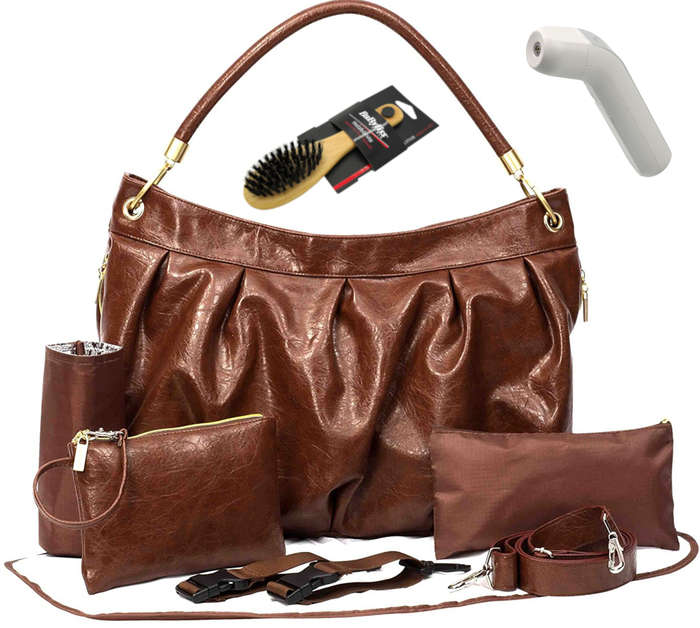 Newborn Baby Bulk Kit W Brown Nappy Changing Bag, Soft Brush, Thermometer