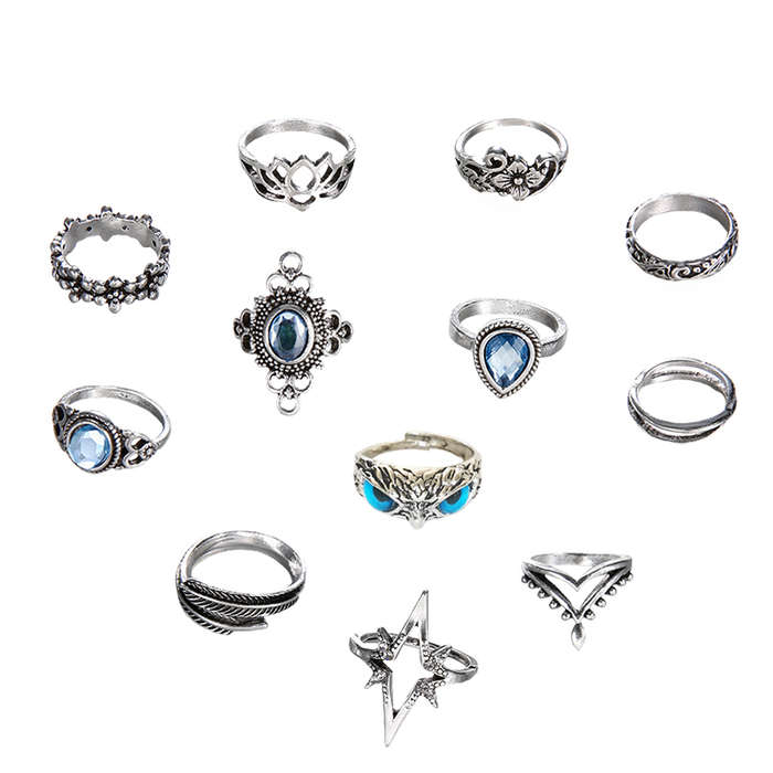 12 Piece Silver Vintage Goth Punk Rings Set for Men Girls Women
