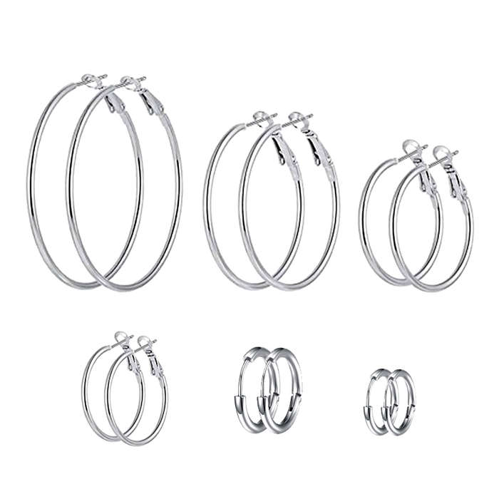 6 Pairs Stainless Steel Hoop Earrings Set 30-60mm - Silver