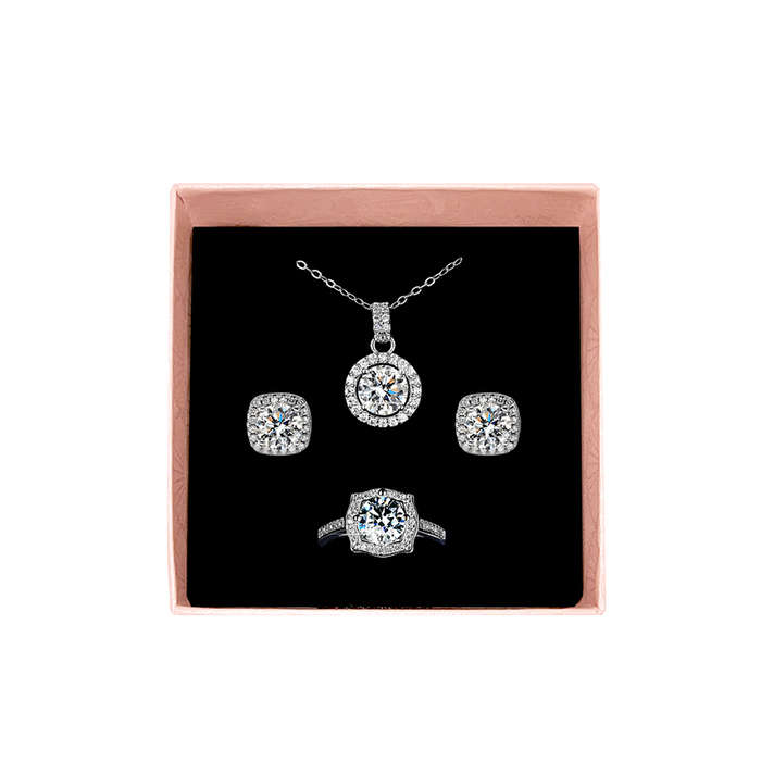 Zirconia Pendant Necklace Earrings Ring Set - Round